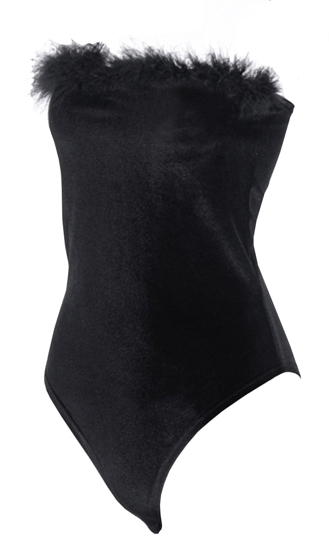 Naughty Babe Black Velvet Faux Fur Strapless Bodysuit Stretchy Top ...