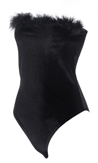 Naughty Babe Black Velvet Faux Fur Strapless Bodysuit Stretchy Top