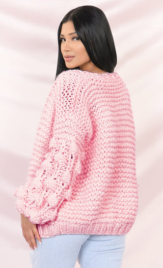 Desert Bound Red Long Sleeve Pom Pom Bubble Chunky Crochet Oversize Cardigan Knit Sweater