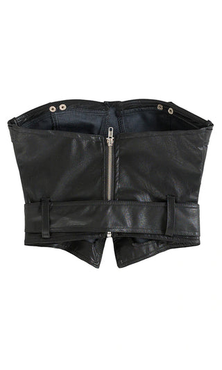 Dominate The Scene Black PU Faux Leather Sweetheart Bustier Riveted Zipper Belted Crop Strapless Top