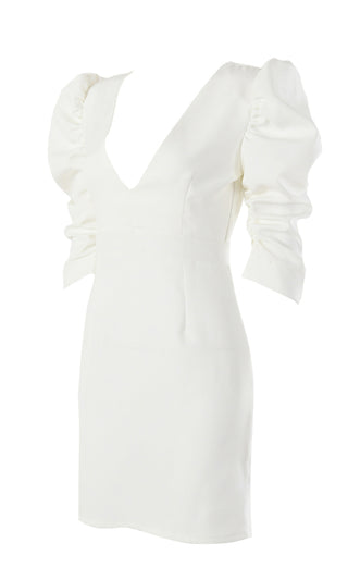 Angel On Display White Short Puff Sleeve Plunge V Neck Cut Out Back Bodycon Mini Dress