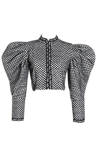Never Disappointed Black White Geometric Pattern Long Sleeve Puff Shoulder Open Front Crop Jacket Outerwear