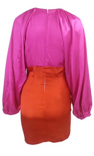 My Fantasy Fuchsia Pink Satin Orange Two Piece Set Long Lantern Sleeve Bodysuit Ruched Plunging Deep V Neck Sash Drape Bodycon Mini Dress