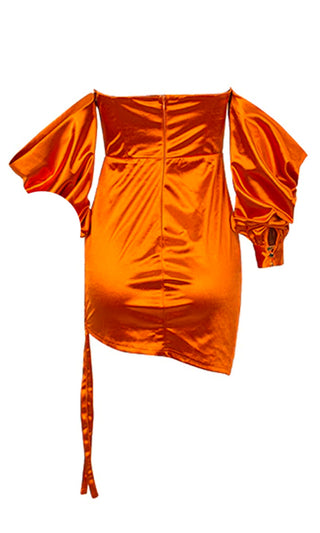 Take On Me Orange Satin Long Lantern Sleeve Off The Shoulder Sweetheart Neck Ruched Bodycon Mini Dress