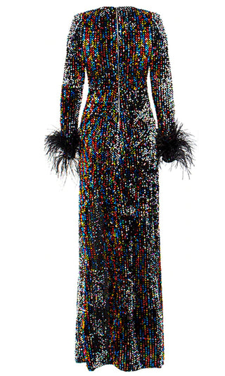 Moon Glow Black Multicolor Sequin Feather Trim Long Sleeve V Neck Side Slit Maxi Dress