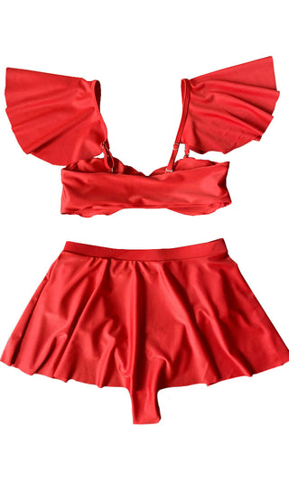 Starboard Side <br><span> Red Cap Sleeve Ruffle Bandeau Top Removable Brazilian Two Piece Bikini Swimsuit </span>