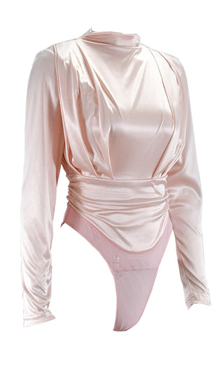 Glam Queen Pink Long Sleeve Shirred Draped Mock Neck Keyhole Back Bodysuit Top
