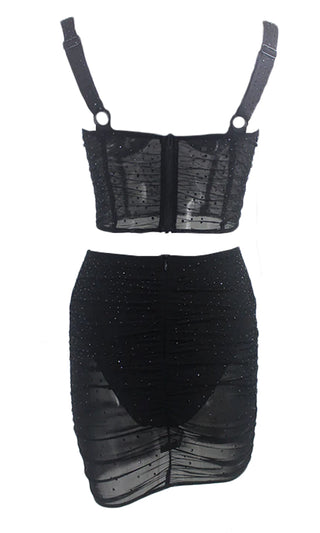 Midnight Desire Sheer Mesh Rhinestone Sleeveless V Neck Bustier Crop Top Two Piece Bodycon Mini Dress - 2 Colors Available
