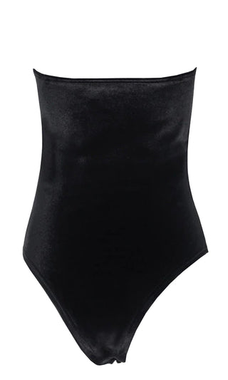 Naughty Babe Black Velvet Faux Fur Strapless Bodysuit Stretchy Top