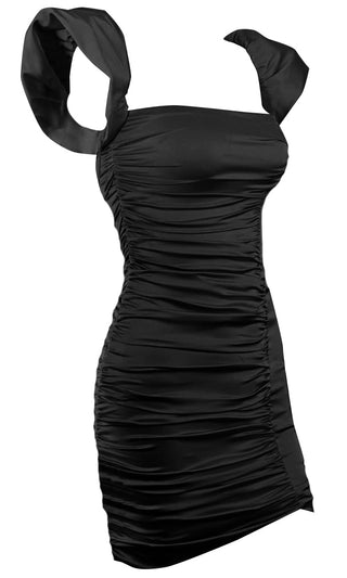 Easy On The Eyes Black Cap Sleeve Puff Shoulder Square Neck Ruched Bodycon Mini Dress