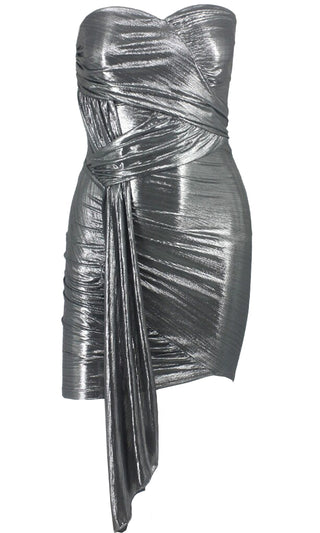 A Listed Metallic Strapless Sash Waist Ruched Sweetheart Asymmetrical Hem Tube Mini Dress