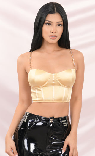Take It Off Golden Yellow Satin Sleeveless Chain Strap Padded Bustier Crop Tank Top