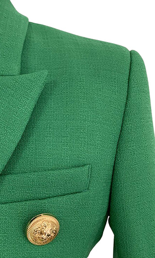 On Call Green Long Sleeve Gold Button V Neck Lapel Blazer Jacket Outerwear