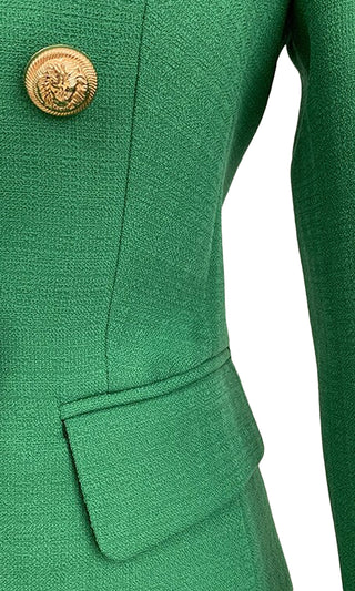 On Call Green Long Sleeve Gold Button V Neck Lapel Blazer Jacket Outerwear