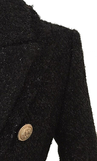 Buckled Up Black Woolen Lurex Long Sleeve V Neck Lapel Gold Button Coat Outerwear