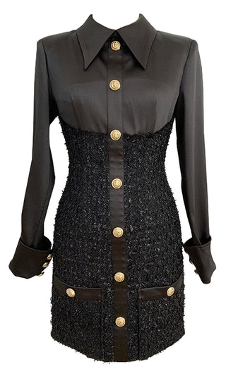 You'll Know My Name Black Tweed Long Sleeve Turn Back Cuff Button Front Collar Bodycon Mini Dress