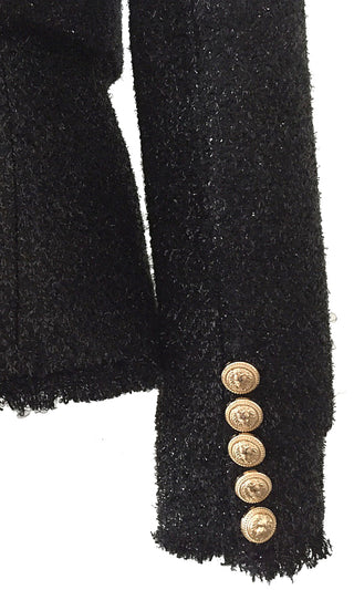 Buckled Up Black Woolen Lurex Long Sleeve V Neck Lapel Gold Button Coat Outerwear