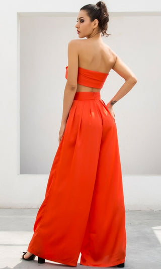 Indie XO In The Lead Orange Silky Strapless Tie Front High Waist Palazzo Jumpsuit Pants
