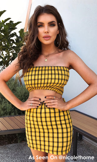Flying Free Yellow Black Check Plaid Pattern Strapless Smocked Crop Top Bodycon Two Piece Mini Dress - As Seen On Nicole Thorne