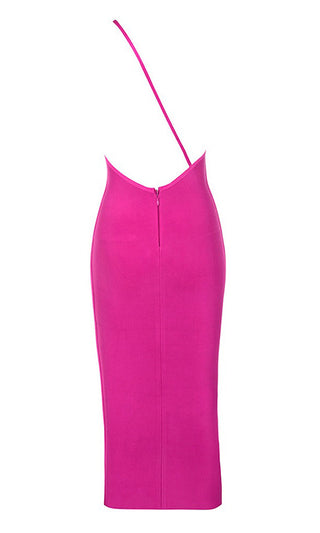 Raving Beauty Fuchsia Pink Sleeveless Spaghetti Strap One Shoulder Bodycon Bandage Midi Dress