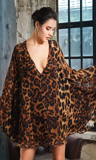 Naughty Nights Leopard Pattern Long Flare Sleeve Plunge V Neck Cut Out Back Swing Chiffon Casual Shift Mini Dress
