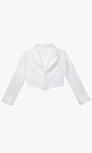 Riding My Coat Tails White Long Sleeve Plunge V Neck Hook And Eye Crop Top