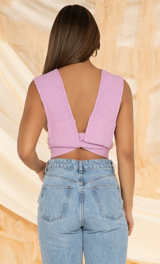 In My Dreams <br><span>Apricot Multiway Knit Light Purple V Neck Sleeveless Tie Crop Top</span>