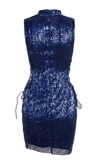 Watch What Happens Sequin Sleeveless Mock Neck Cut Out Side Lace Up Bodycon Mini Dress