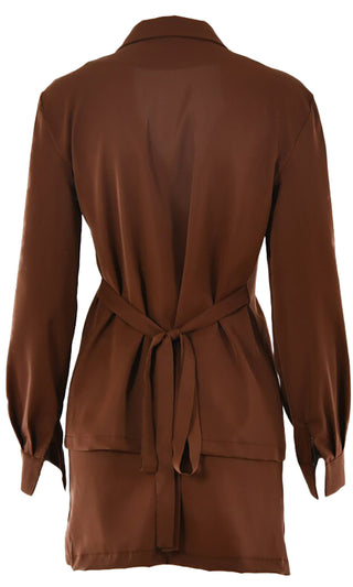 Working On Me <br><span>Brown Long Sleeve Hook Front Jacket Bodycon Mini Skirt Two Piece Set</span>