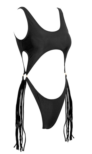 Point Of No Return<br><span> Black Sleeveless Scoop Neck Cut Out Waist Tassel Fringe Brazilian One Piece Monokini Swimsuit</span>