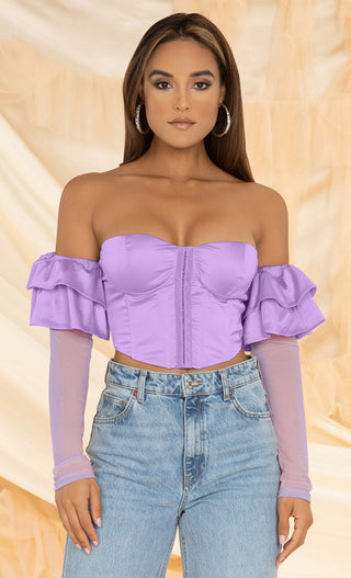 Doing My Best Purple Sheer Mesh Satin Long Sleeve Ruffle Off The Shoulder V Neck Hook and Eye Bustier Crop Top Blouse