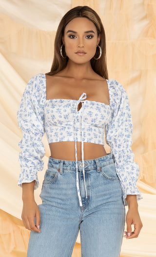 Send Me A Text White Blue Floral Pattern Long Puff Sleeve Square Neck Tie Crop Top Blouse