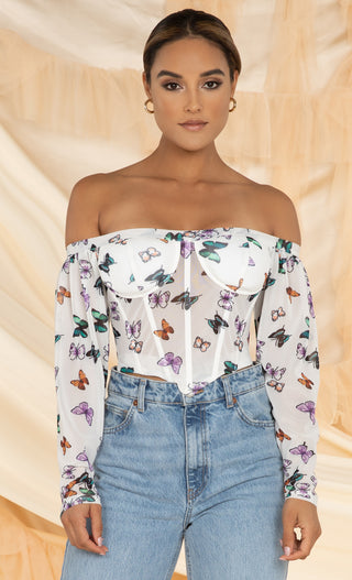 In The Air White Butterfly Pattern Long Sleeve Off The Shoulder Bustier Crop Top Blouse