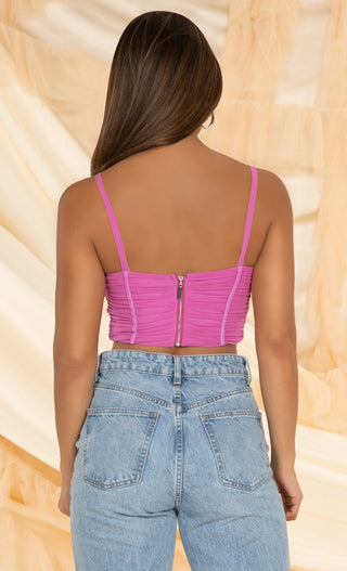 So Dope <br><span>Purple Mesh Sleeveless V Neck Ruched Lace Up Bustier Crop Top</span>