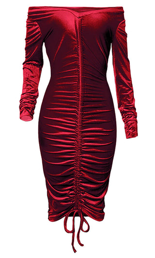 Friday Night Fantasy Red Velvet Long Sleeve Off The Shoulder Deep V Neck Ruched Bodycon Midi Dress