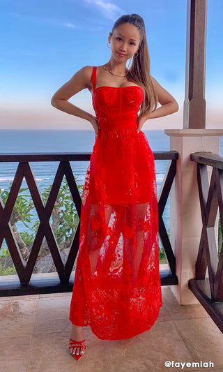 Forbidden Romance Red Sequin Sheer Mesh Lace Sleeveless Cage Bustier A Line Bandage Maxi Dress