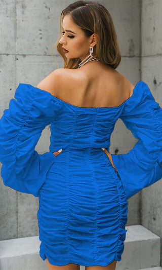 Sweet Ideas Blue Long Sleeve Puff Neck Ruched Bodycon Mini Dress