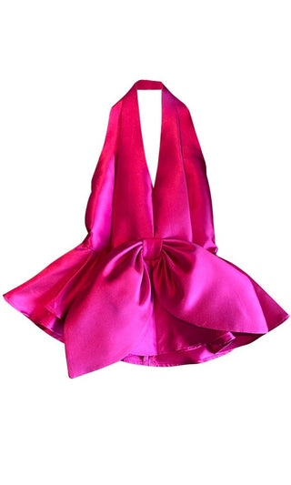 Heart And Soul Pink Fuchsia Satin Halterneck Sleeveless Plunge V Neck Oversized Bow Blouse Peplum Top
