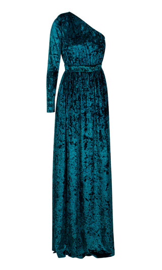Midnight Drama Blue Green Velvet Long Sleeve One Shoulder Side Slit Maxi Dress Jumpsuit