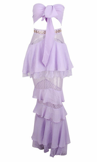 First Love Lavender Lilac Purple Lace Swiss Dot Strapless Crop Top Tiered Ruffle Two Piece Casual Maxi Dress