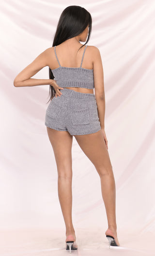 Close To You Medium Gray Sleeveless Spaghetti Strap Scoop Neck Sweater Chenille Lounge Crop Two Piece Romper Playsuit