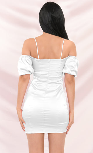 Midsummer Dream White Off The Shoulder Puff Short Sleeve Spaghetti Strap Satin Bodycon Mini Dress