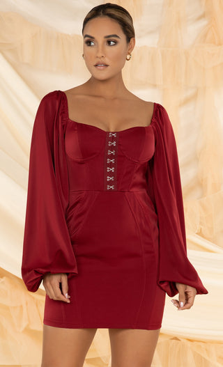 Easy To Enjoy <br><span> Red Long Lantern Sleeve Puffed Shoulder Bustier Sweetheart Neck Bodycon Mini Dress</span>