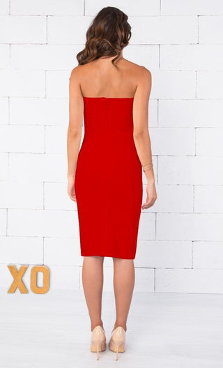 Indie XO Allison Red Strapless Ribbed Texture Sweetheart Neck Bandage Bodycon Knee Length Midi Dress