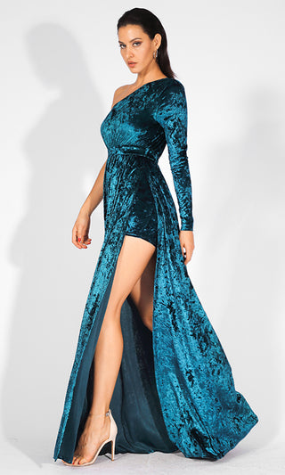 Midnight Drama Blue Green Velvet Long Sleeve One Shoulder Side Slit Maxi Dress Jumpsuit