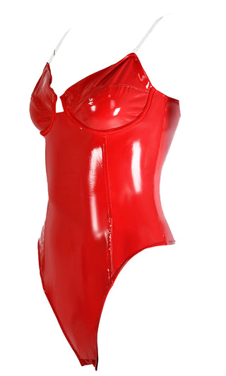 Candy Shell Red PU Patent Vinyl Faux Leather Strapless V Neck Cut Out Thong  Bustier Bodysuit Top - Sold Out – Indie XO
