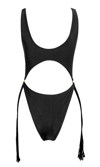 Point Of No Return<br><span> Black Sleeveless Scoop Neck Cut Out Waist Tassel Fringe Brazilian One Piece Monokini Swimsuit</span>