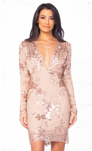 Glowing Nights Beige Gold Sequin Floral Long Sleeve Plunge V Neck Bodycon Mini Dress