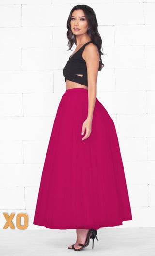 Do A Twirl 7 Layer Fuchsia Pink Pleated Elastic Waist Swiss Tulle Ball Gown Maxi Skirt