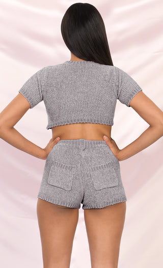 Always Chill Gray Short Sleeve Crew Neck Crop Top Sweater Chenille Elastic Shorts Two Piece Lounge Romper Set